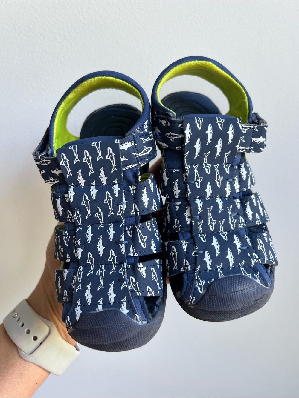 Kids Shark-Print Navy Sandals with Lime Accent